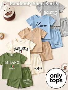 3pcs Tops Boy Minimalist Business Elegant Handsome Outfit Set, Summer Outing Choice, Minimalist Letter Print Pattern Brown T-Shirt - White - View 1