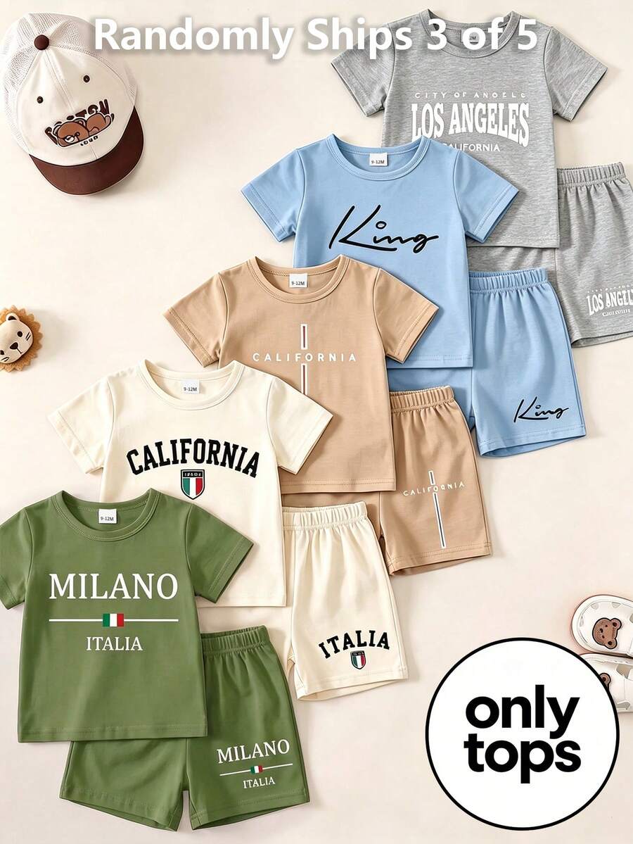 3pcs Tops Boy Minimalist Business Elegant Handsome Outfit Set, Summer Outing Choice, Minimalist Letter Print Pattern Brown T-Shirt - White - View 1