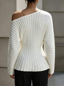 SHEIN Women's Elegant Asymmetrical Shoulder Waist-Cinching A-Line Pullover Sweater - Beige - View 2