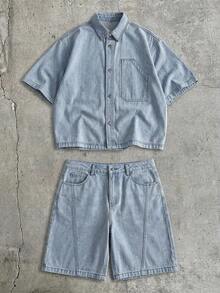 AXEPEAK Bộ đồ nam thời trang đường phố áo sơ mi ngắn tay cài nút đơn và quần short denim có túi cài nút - Màu xanh lam - Xem 2