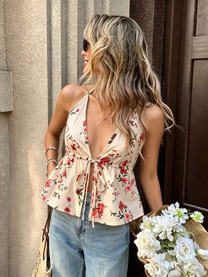 Cévolie Women's Floral Print Front Tie Sexy Halter Top For Vacation
