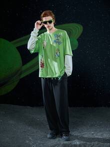 Rick and Morty X SHEIN 1pc Cartoon & Letter Graphic Drop Shoulder 2 In 1 Tee - Lime Green - View 10