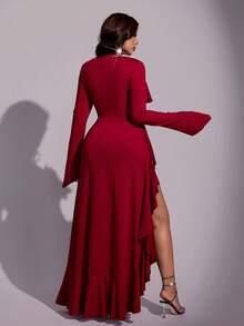 Viva Relle Plus-Size Women's Square-Neck Asymmetrical Ruffled A-Line Party Red Dress - Burgundy - View 6