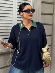 Dazy Plus 女款大尺碼拼色拼接條紋寬鬆 Polo 領中袖休閒夏季 T-shirt - 藏蓝色 - 查看 5