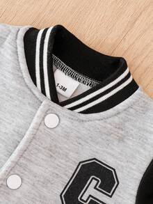 SHEIN Playful Pals Newborn Casual Preppy Patchwork Letter Print Jacket And Solid Color Pants Set - Grey - View 7