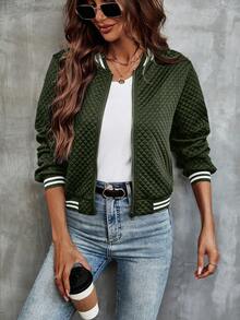 SHEIN Women's Solid Color Long Sleeve Zip-Up Thin Baseball Jacket - Green - View 5
