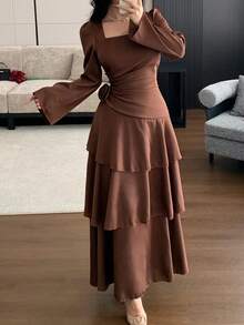 Modelyn Gaun Wanita Romantis Musim Gugur Terbaru yang Modis - Coffee Brown - View 4