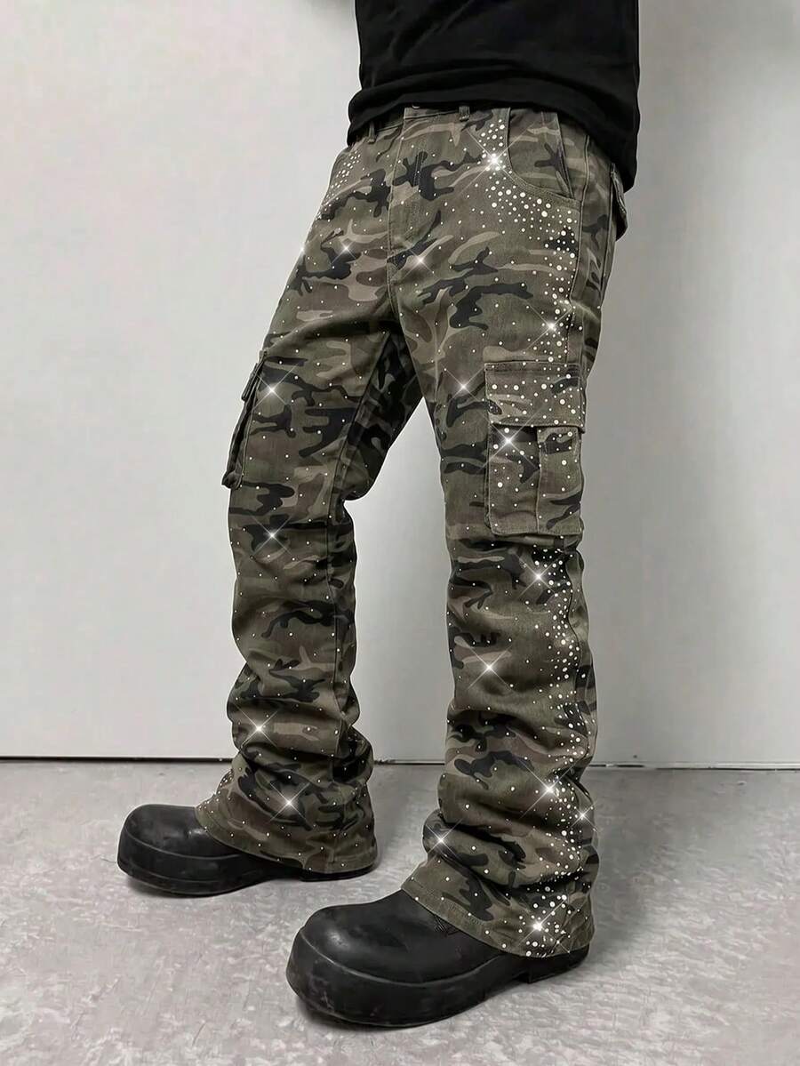 ROMWE MEN Street Life 男士闪亮钻石装饰多层迷彩牛仔裤 - 軍綠色 - 查看 1