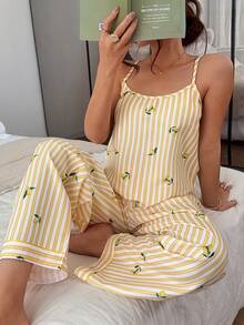 Napfluff Women's Striped Lemon Print Camisole Top And Long Pants Pajama Set - Yellow - View 1