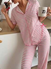 Napfluff 2pcs/Set Pink And White Striped Striped Print Small Lapel V-Neck Button Bow Tie Front Short Back Long Ruffle Hem Thin Knit Top Pants Lounge Summer - Pink - View 4