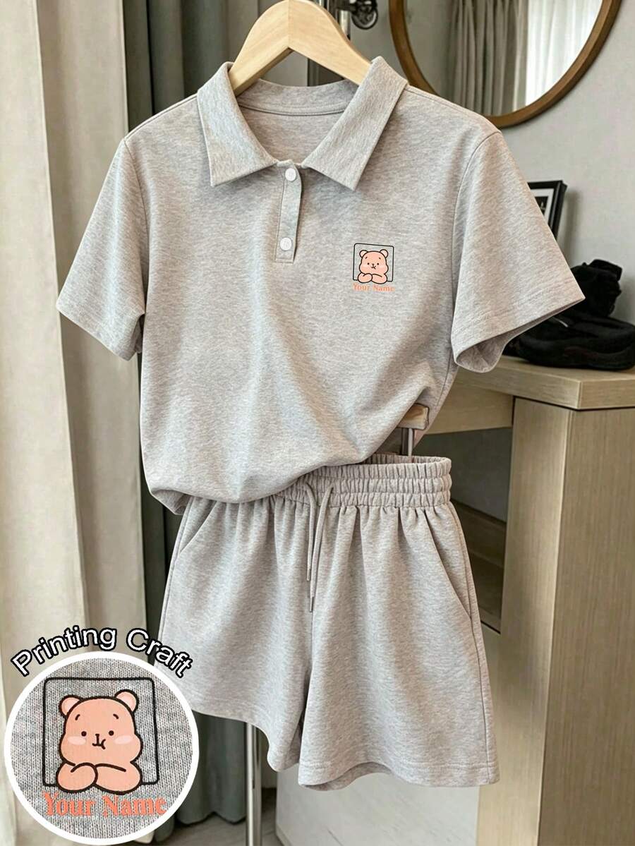 Franclia 修身 Polo 领短袖上衣 + 侧袋短裤 - 灰色 - 查看 1