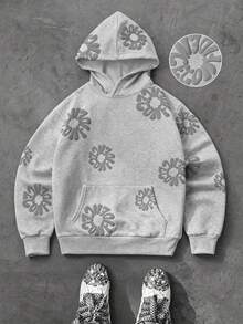 Manfinity EMRG Áo nỉ hoodie nam tay dài in chữ, có túi, phong cách thường ngày - Màu Xám nhạt - Xem 1