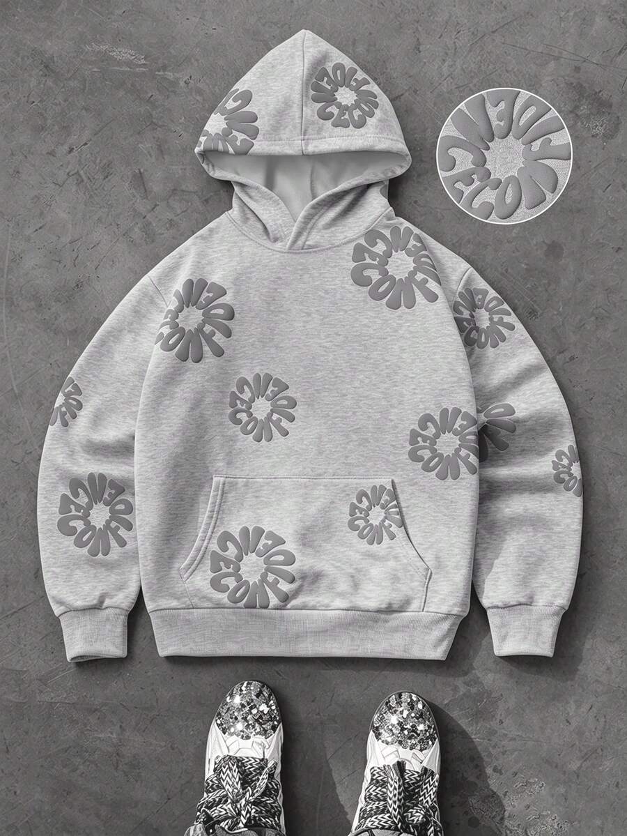 Manfinity EMRG Áo nỉ hoodie nam tay dài in chữ, có túi, phong cách thường ngày - Màu Xám nhạt - Xem 1