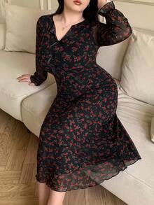 Feyla Plus Size Vintage Floral Print Bow Decor Dress - Black - View 4