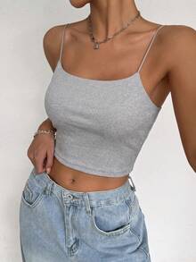 SHEIN Allurite Unity 1件女款純色加厚內墊細肩帶背心上衣，情人節新年款 - 灰色 - 查看 4