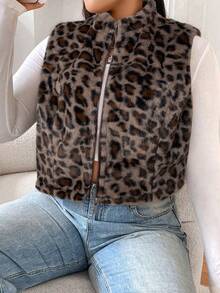 SHEIN EZwear 大码女式拉链前羊毛豹纹夹克，秋冬豹纹背心女式背心 - 棕色 - 查看 6
