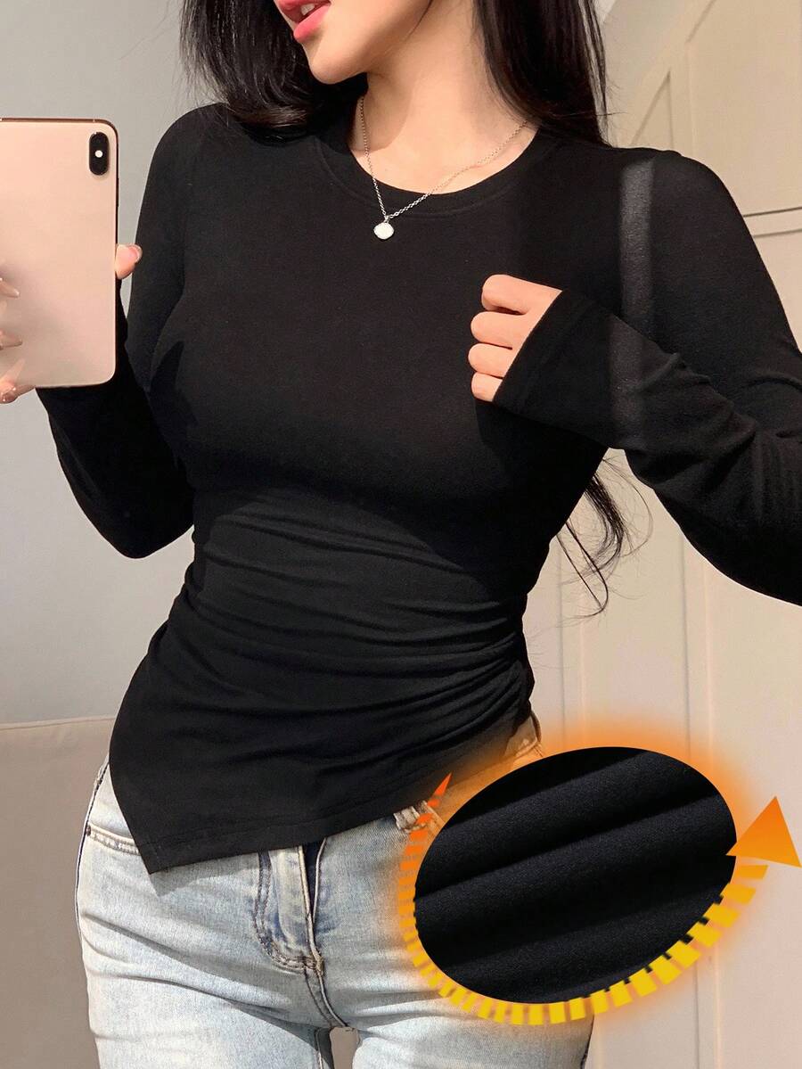 DAZY 女款不對稱修身長袖設計感T恤 - 黑色 - 查看 1