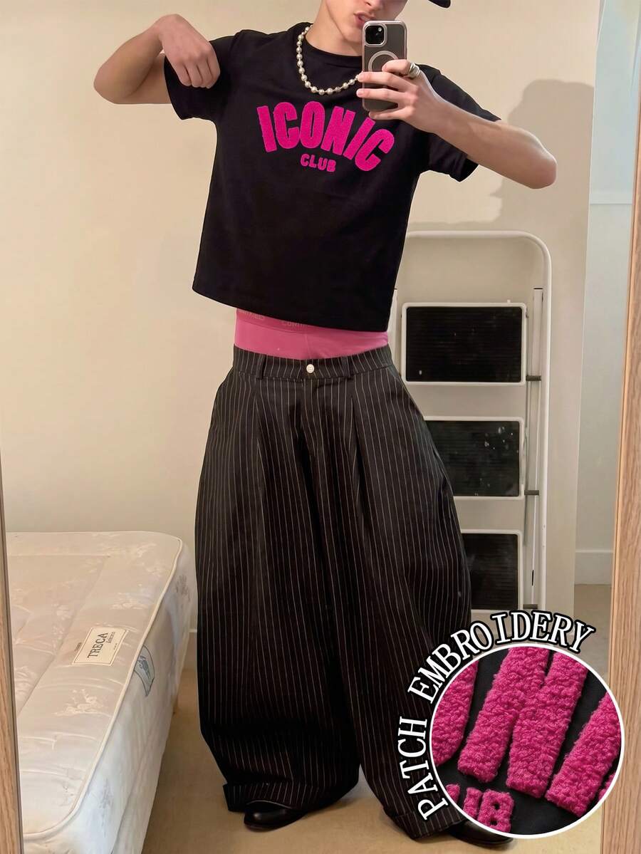 Resyla Men Camiseta de manga corta con cuello redondo y parche de letra minimalista para hombre - Negro - Ver 1