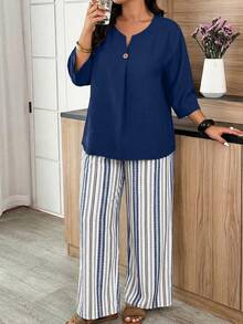 Weeklong Conjunto de 2 piezas para mujer talla grande con camiseta de manga 3/4 con botones de unicolor y pantalones con estampado de rayas - Multicolor - Ver 5