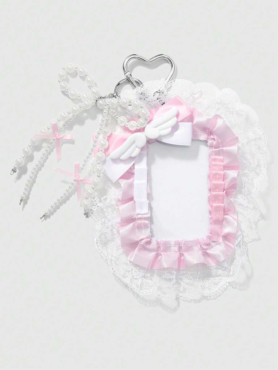 ROMWE Kawaii 1個Ins風時尚簡約粉色仿珍珠蝴蝶結翅膀波點百褶蕾絲卡套DIY鑰匙圈包包吊飾,節日禮物 - 粉色-21 - 查看 1