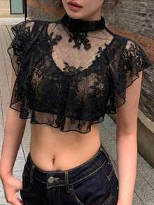 DAZY 女款優雅蕾絲荷葉邊飾夏季襯衫 - 黑色 - 查看 2