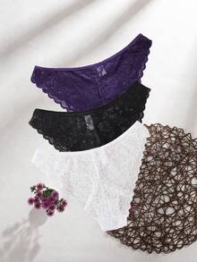 SHEIN 3件組極簡浪漫蕾絲女款三角內褲 - 彩色 - 查看 2