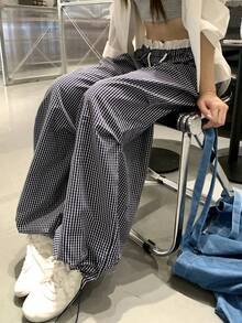 DAZY 女款休閒條紋寬鬆韓系拼色二合一長褲 秋季 - 黑色 - 查看 5