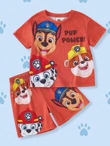 SHEIN | PAW Patrol Young Boy Casual Cartoon Print Short Sleeve T-Shirt And Shorts Set, Summer - Orange - View 1