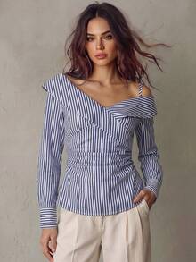 Franclia 不对称领口落肩褶皱腰身蓝白条纹长袖女式衬衫 - 彩色 - 查看 1