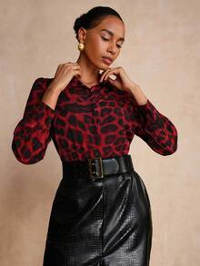 SHEIN Clasi 女款豹紋長袖單排扣優雅襯衫 - 紅色 - 查看 1