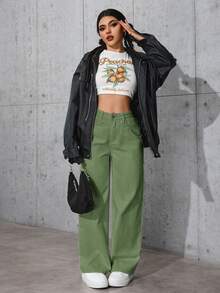 SHEIN PETITE 女士休闲宽松阔腿纯色牛仔裤，适合日常通勤 - 軍綠色 - 查看 7