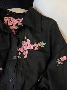 Franclia 女款時尚休閒極簡浪漫度假風刺繡花卉長袖鈕扣襯衫 秋季 - 黑色 - 查看 3