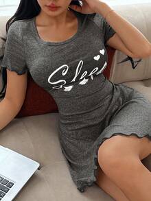 SHEIN 女款短袖休閒字母印花Ins風睡裙，夏季 - 深灰色 - 查看 4