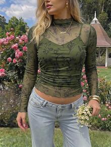 SHEIN MOD Plus Size Women's Stand Collar Floral Print Pleated Slim Fit Versatile Daily Wear Top Fall - Green - View 10