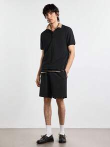 Merionis Men's Solid Color Elastic Waist Pocket Casual Shorts - Black - View 7