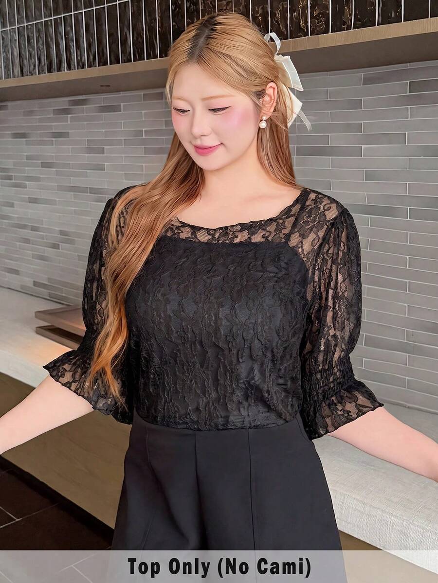 Bijouette Plus Size Black Lace Square Neck Puff Sleeve Blouse Ruffle Cuffs Ruched Slim Fit Women Slimming Versatile Elegant Brunch Birthday Summer - Black - View 1
