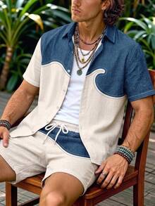 Alderstead Men's Two Piece Set,  Print Textured Fabric, Button Down Shirt And Shorts, Contrast Design, For Vacation, Beach, Daily Wear - Multicolor - View 3