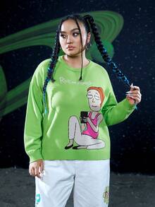 Rick and Morty X SHEIN Plus Figure & Letter Pattern Drop Shoulder Sweater - Green - View 3