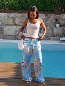 Yess Loren Pantaloni da donna larghi con stampa vacanze estivi - celeste - Visualizzare 3