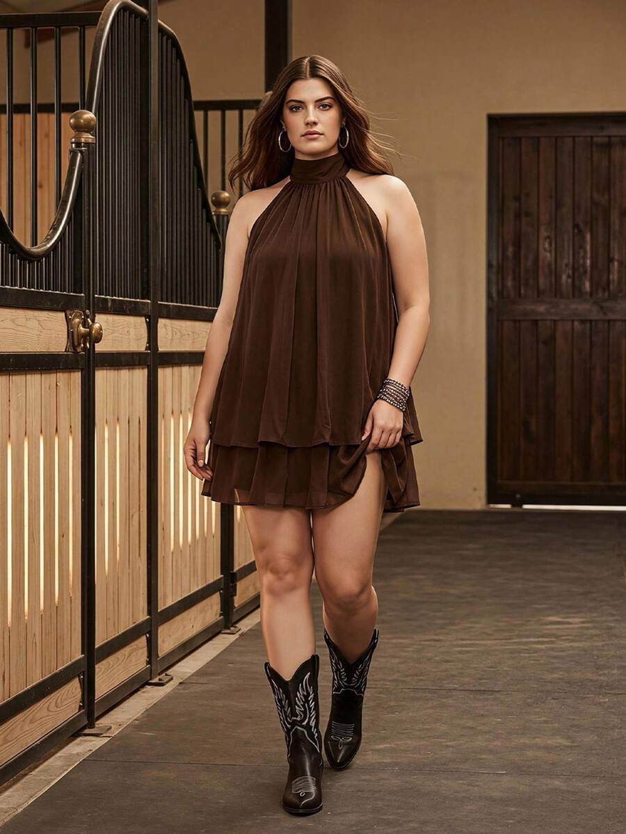 SHEIN Tall CURVE Gaun Halter Ikat Warna Polos Elegan untuk Wanita Ukuran Plus - Coffee Brown - View 1