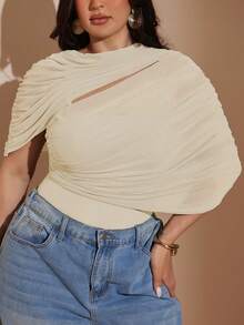 SHEIN BAE CURVE بودي سوت أنيق وجذاب بلون موحد وتصميم غير متماثل، مقاس كبير، رمادي، مناسب للسهرات والحفلات في الصيف - لون مشمشي - مشاهدة 6