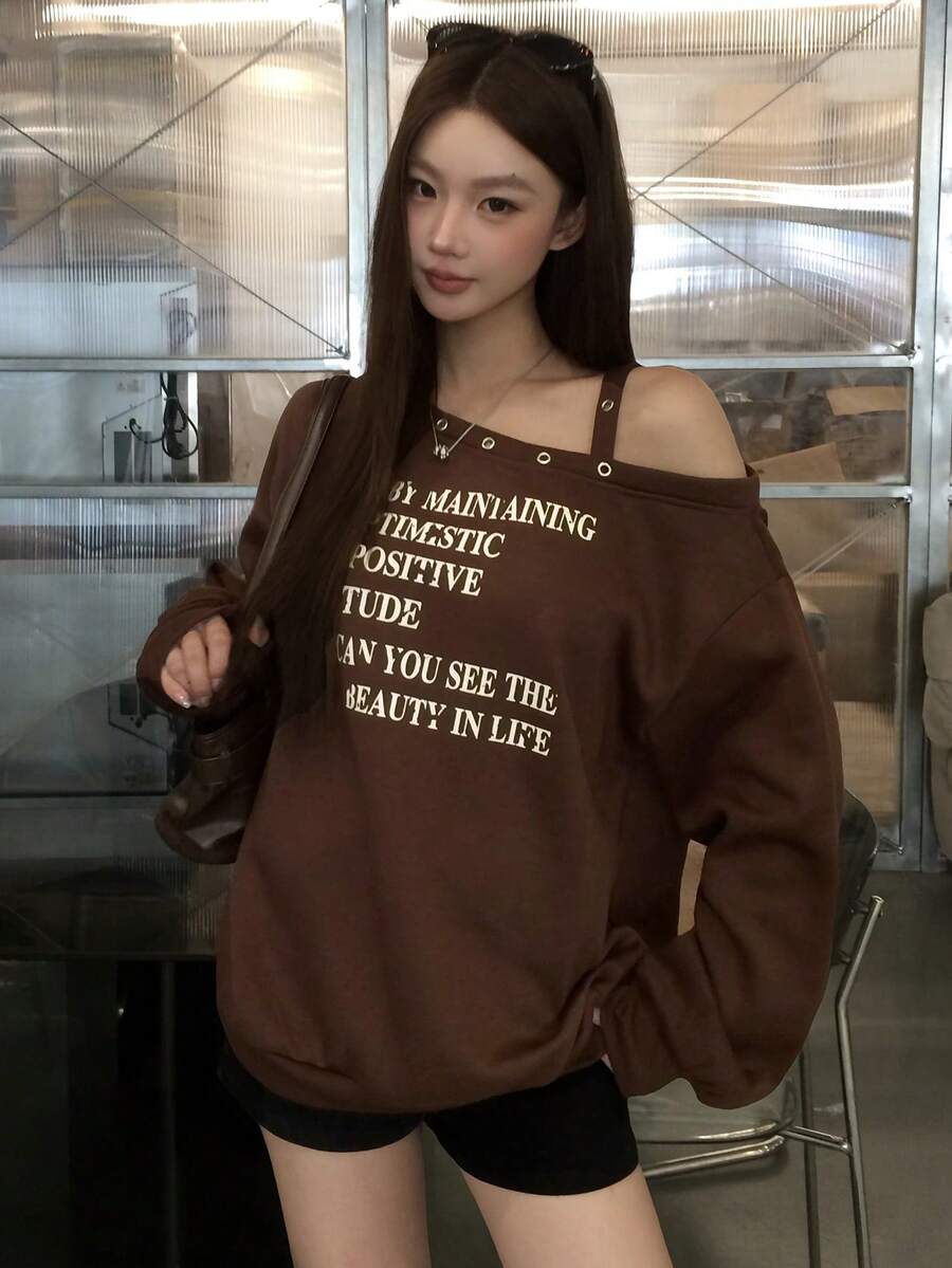 DAZY 女款不對稱肩字母印花長袖運動衫 - 咖啡棕 - 查看 1