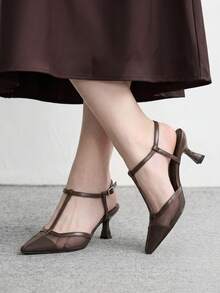 CUCCOO BIZCHIC 法式復古尖頭網布T字帶扣小貓跟女鞋 氣質百搭通勤女高跟鞋 - 棕色 - 查看 4