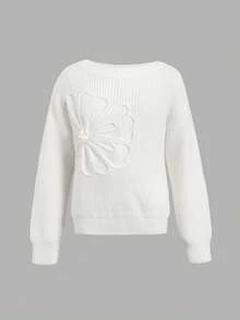 SHEIN 少女秋冬休閒 3D 花卉刺繡方領套頭鬆身落肩長袖針織衫，法式優雅學院風，適合返校穿搭時尚造型 - 米色 - 查看 5