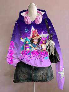 少女休閒可愛卡通女孩印花厚實柔軟舒適連帽衛衣，適合秋冬 K-POP 風格 - 彩色 - 查看 2