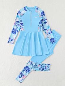 SHEIN 女童藍色花卉防曬泳衣洋裝套裝，柔軟彈性針織觸感，長袖防曬，可愛海灘穿搭，適合青少年女孩，柔軟舒適，冬季 - 藍色 - 查看 5