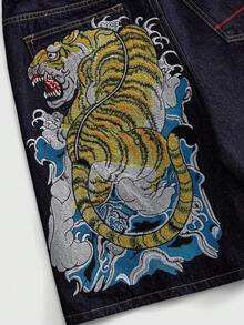 ROMWE MEN Shorts de mezclilla holgados para hombre con patrón de bordado de tigre - Azul - Ver 2