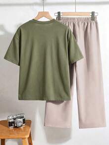SHEIN 青少年男孩字母印花短袖T恤與長褲休閒日常2件套 - 綠色 - 查看 2