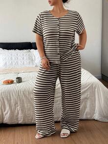 Napfluff CURVE Napfluff CURVE Striped Women's Spring/Autumn Short Sleeve & Long Pants Fashion Loungewear 2 Pieces Set Plus Size - Multicolor - View 4