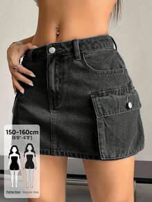 SHEIN PETITE Women's Casual Street Style Cargo Pocket Denim Skirt - Dark Grey - View 1